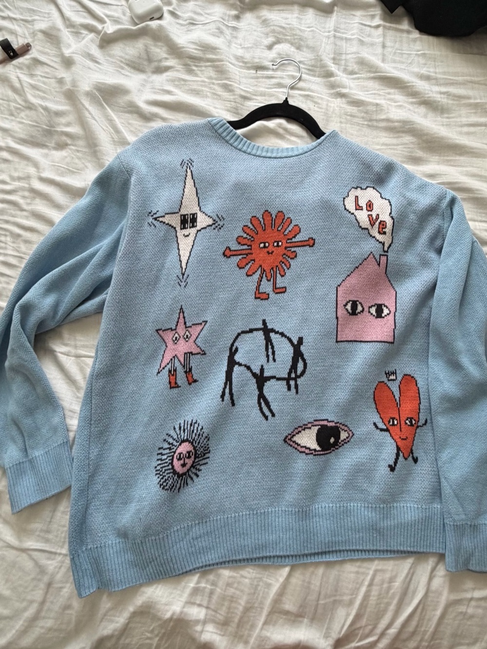 Min & Mon Light Blue Graphic Crewneck Sweater with Multicolor Motifs